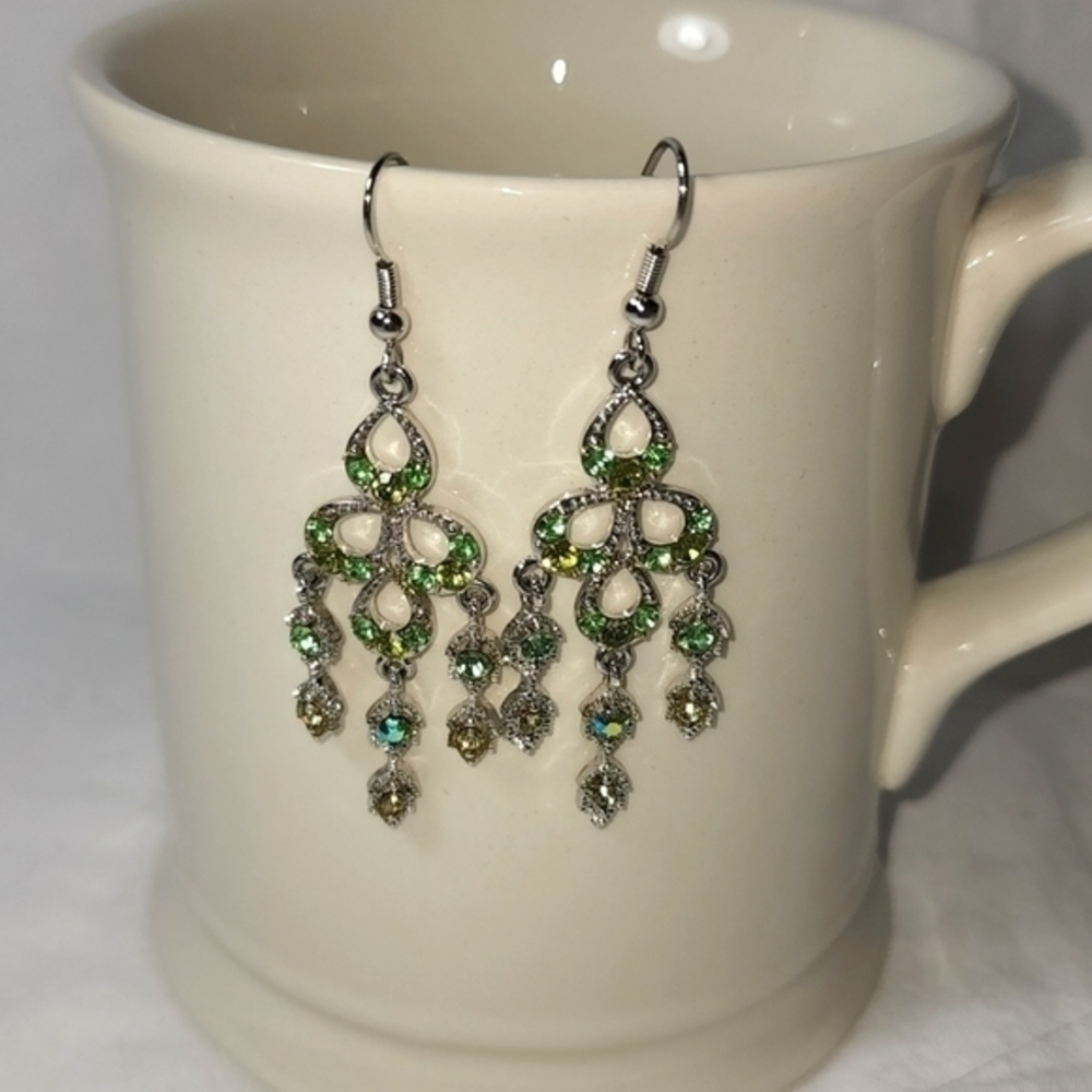 Green Crystal‎ and Silver Chandelier Drop Earrings